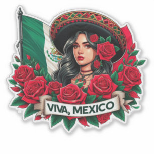 Pegatina Chica mexicano Viva ilustracion de arte con bander