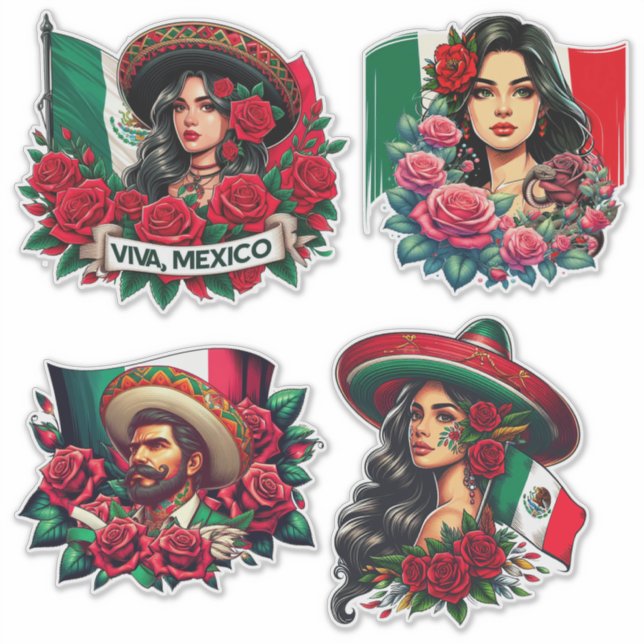 Pegatina Chica mexicano y hombre con sombrero mexicano (Anverso)