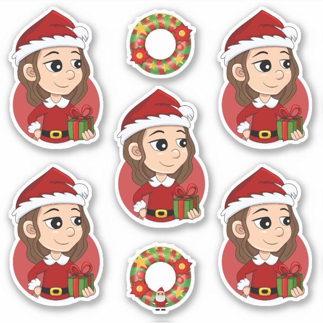 Pegatina chica navidad con pelo ondulado marrón (Anverso)