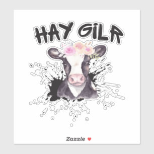 Pegatina Chica paja agricultora divertido ganado vaca granj