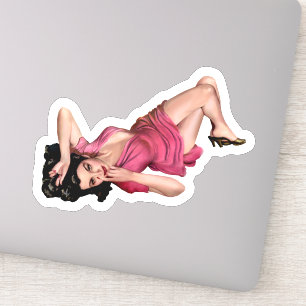 Pegatina Chica Pin-up Morena con Vestido Rosa Arte Vintage