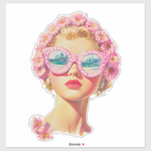 Pegatina Chica Retro Beach con gafas de sol florales