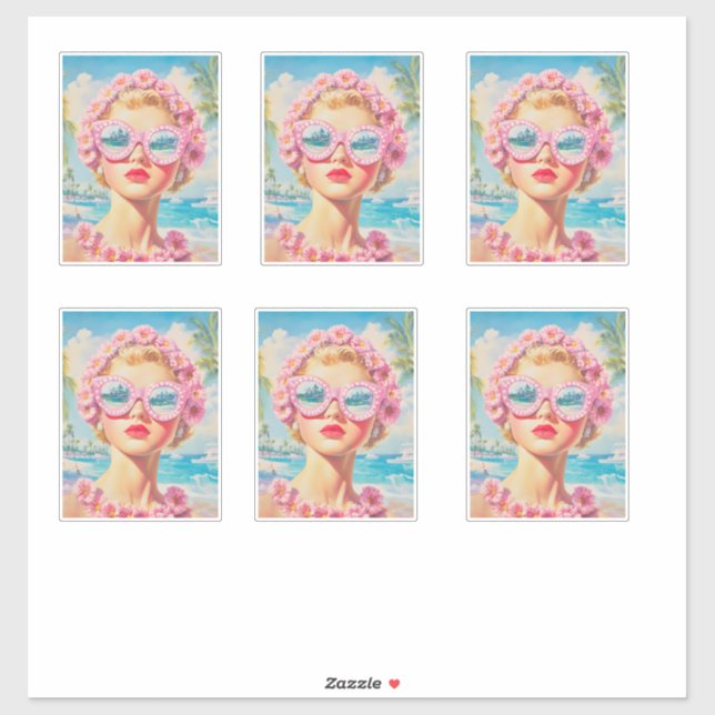 Pegatina Chica Retro Beach con gafas de sol florales (Hoja)