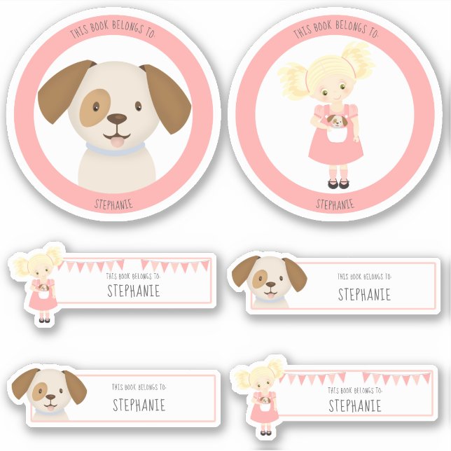 Pegatina Chica rubio y cachorro este libro pertenece a (Anverso)