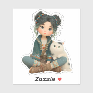 Pegatina Chica Sentada Adorable con Gato – Sticker de Perso