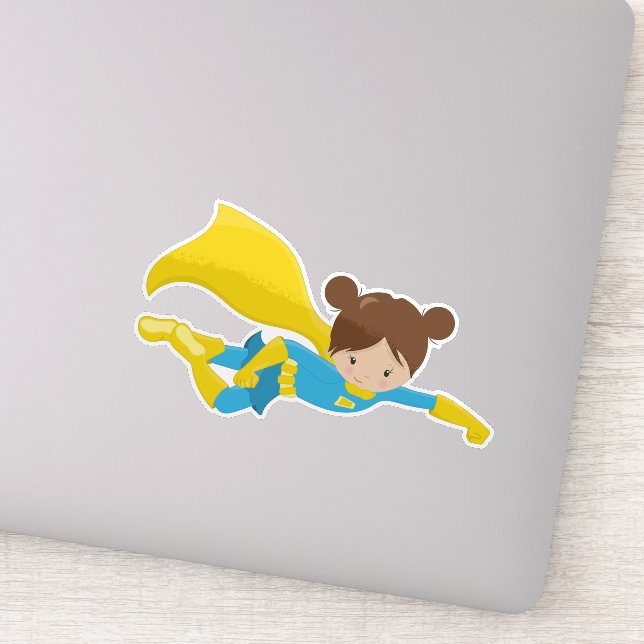 Pegatina Chica superhéroe, Chica lindo, pelo marrón, cabo a (Detalle)