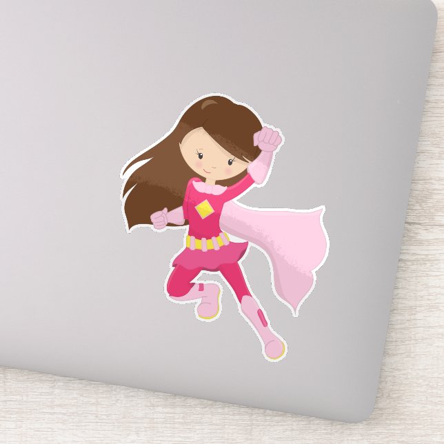 Pegatina Chica superhéroe, Chica lindo, pelo pardo, cabo ro (Detalle)