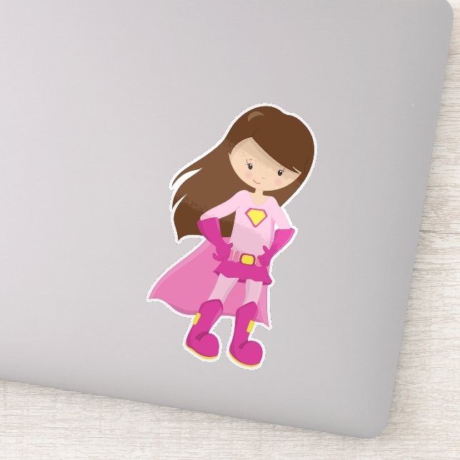Pegatina Chica superhéroe, pelo pardo, Chica lindo, Cabo ro (Detalle)
