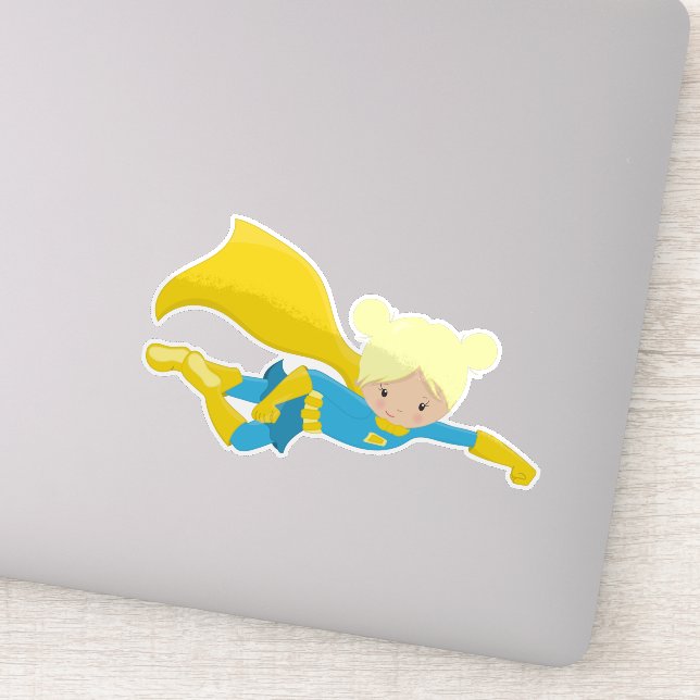 Pegatina Chica superhéroe, pelo rubio, héroe, cabo amarillo (Detalle)