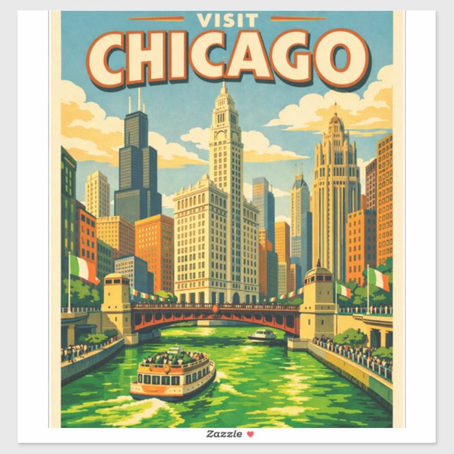 Pegatina Chicago River Saint Patricks day postcard (Hoja)