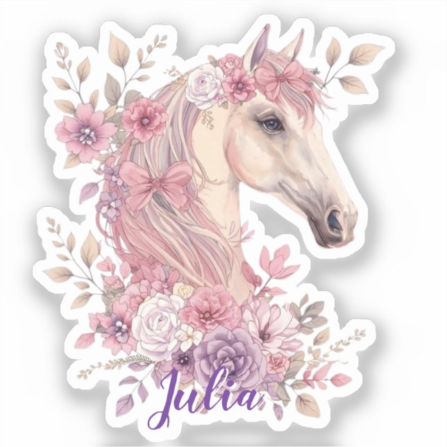 Pegatina Chicas Lindos Caballos Flor Pastel Poni (Anverso)