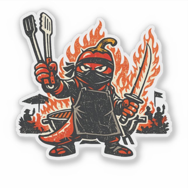 Pegatina Chili Ninja Maestro de BBQ — Fuego de Verano Vinta (Anverso)