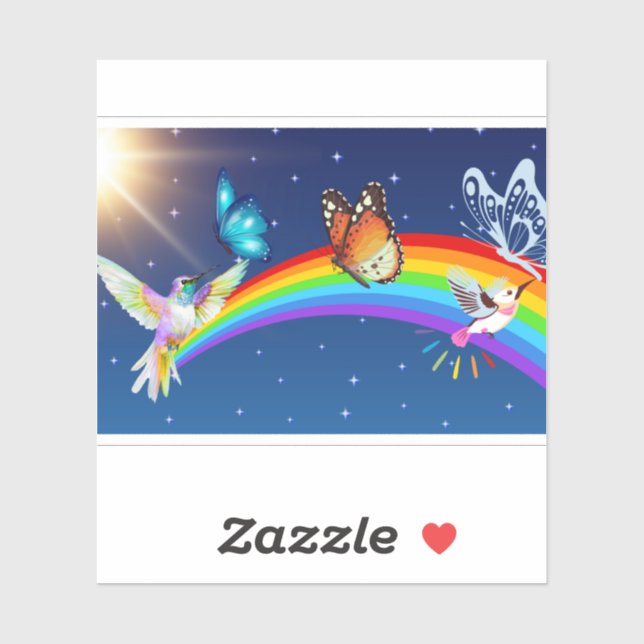 Pegatina Cielo nocturno, dos pájaros, mariposas y arcoiris (Hoja)