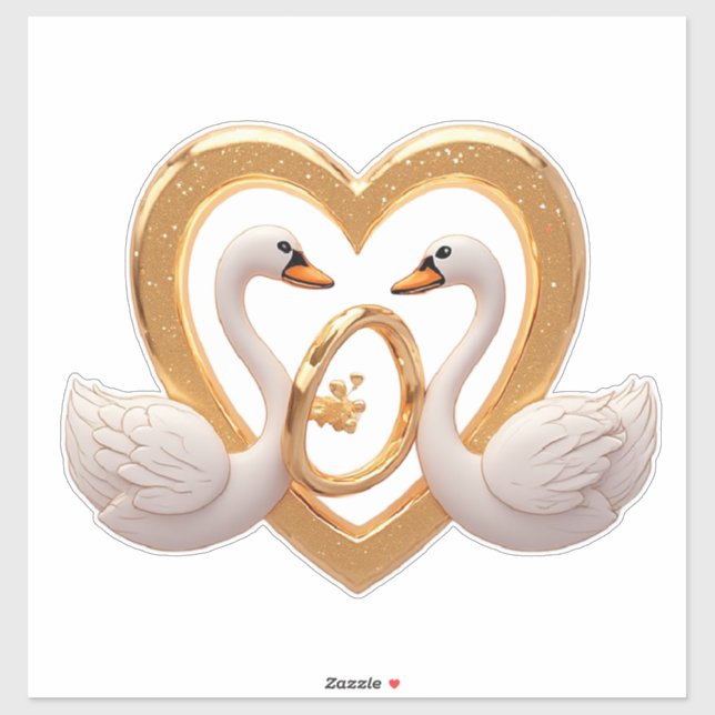Pegatina Cisnes de Boda Románticos con Anillos de Oro (Hoja)