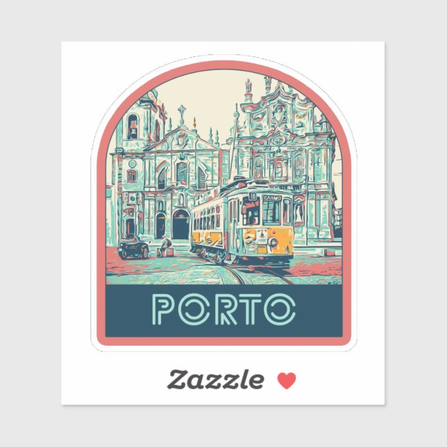 Pegatina Ciudad de Porto con ilustracion de tranvía Portuga (Hoja)