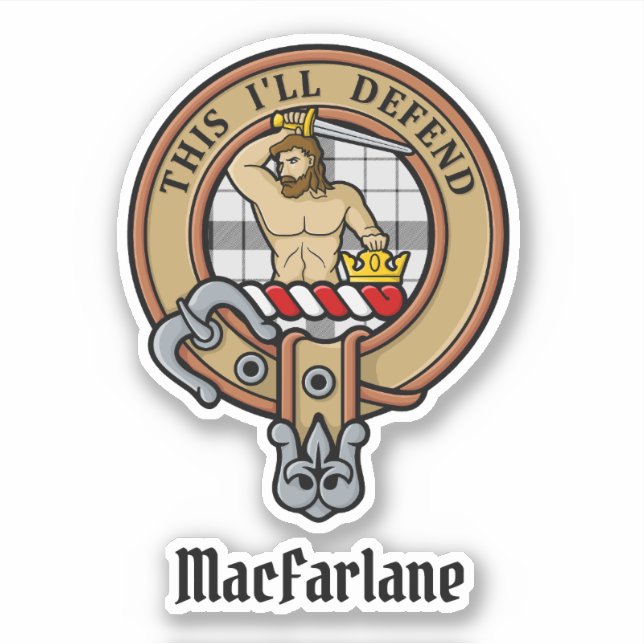 Pegatina Clan MacFarlane Escudo sobre el tartán blanco y ne (Anverso)