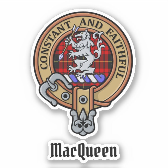 Pegatina Clan MacQueen Crest sobre Tartán (Anverso)