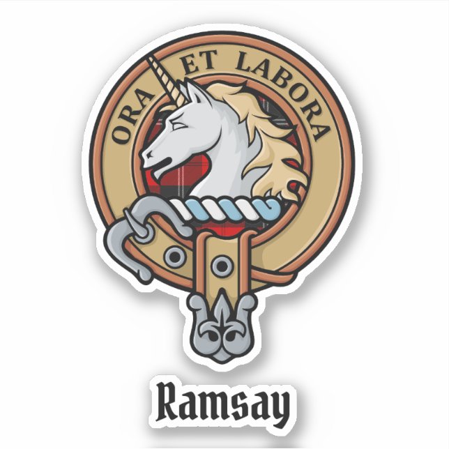 Pegatina Clan Ramsay Escudo sobre Tartán Rojo (Anverso)