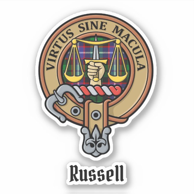 Pegatina Clan Russell Crest over Tartan (Anverso)