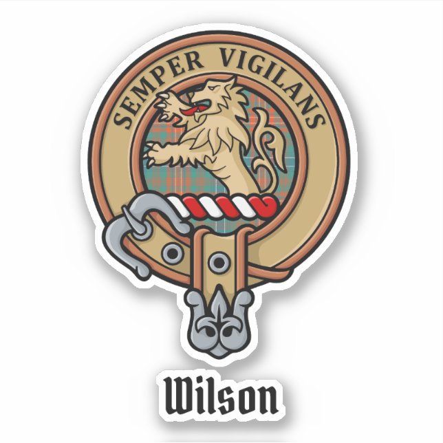 Pegatina Clan Wilson Escudo sobre el antiguo Tartán (Anverso)