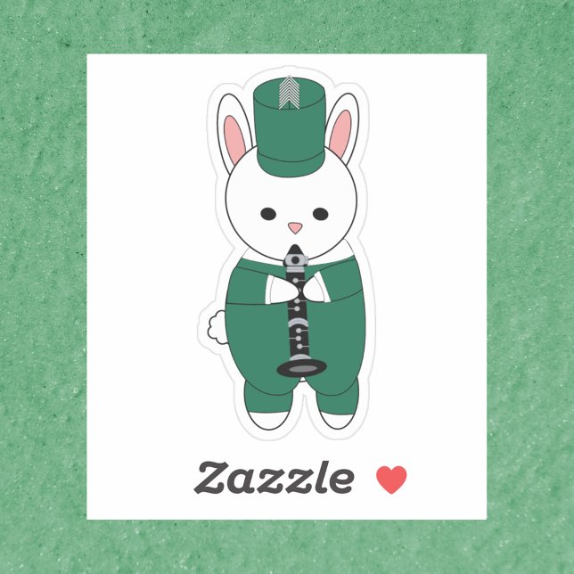 Pegatina Clarinet Bunny Rabbit Marchando Banda Verde Blanco (A sticker of a rabbit playing the clarinet in a green and white marching band uniform.)