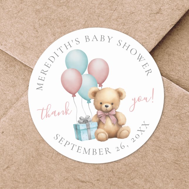 Pegatina Clásica Redonda para Baby Shower de Osito (Teddy Bear Baby Shower Classic Round Sticker)