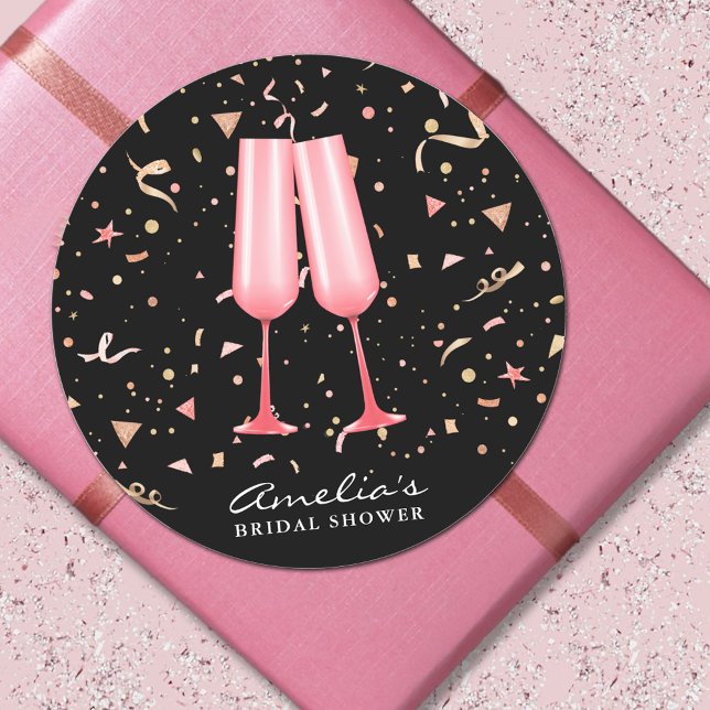 Pegatina clásica redonda para despedida de soltera (Pink champagne glasses o black bridal shower 3" round stickers)