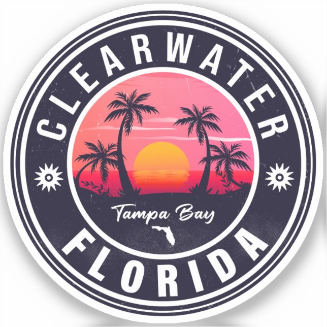 Pegatina Clearwater Beach Florida Retro Sunset Souvenirs (Anverso)