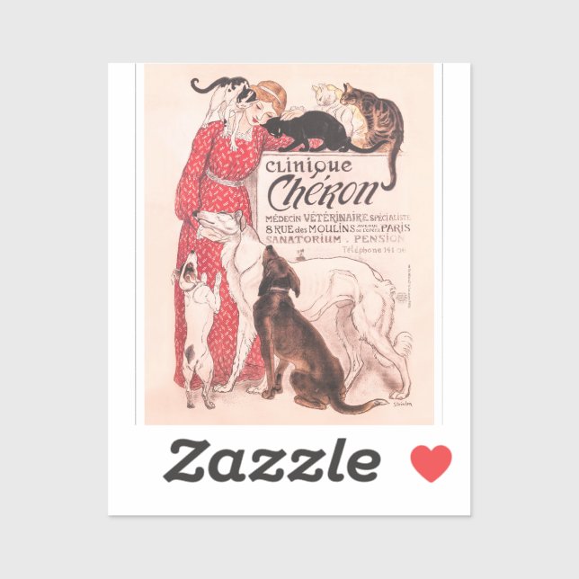 Pegatina Clinique Cheron Vintage Dog Cat Steinlen Poster (Hoja)