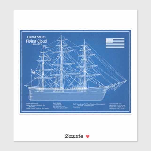 Pegatina Clipper Ship Flying Cloud - Blueprint ABD (Hoja)