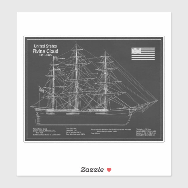 Pegatina Clipper Ship Flying Cloud - Ship Blueprint PD (Hoja)