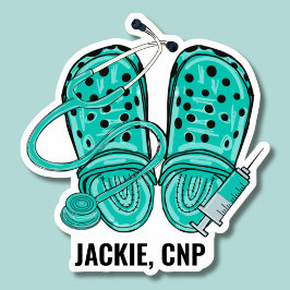 Pegatina Clogs de Enfermería verde y jeringas Monograma a p