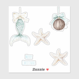 Pegatina Coastal Christmas Mermaid Bow Starfish Beach