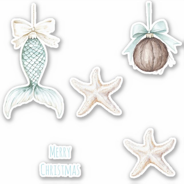 Pegatina Coastal Christmas Mermaid Bow Starfish Beach  (Anverso)