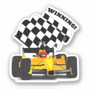 Pegatina Coche de Carreras Amarillo - Bandera a Cuadros Dep