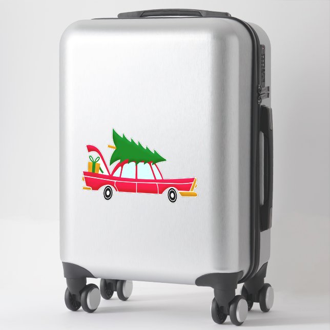 Pegatina Coche rojo retro que lleva un árbol de Navidad (Maleta)