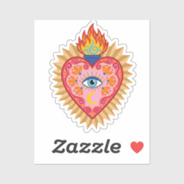 Pegatina Cœur Sacré Mexicain avec Œil Protecteur et Flamme 