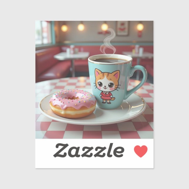 Pegatina Coffee y donut judos en retro diner (Hoja)