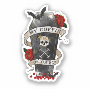 Pegatina Coffin gótico y cráneo con rosa rojo