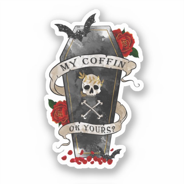 Pegatina Coffin gótico y cráneo con rosa rojo (Anverso)