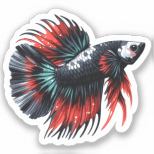 Pegatina Cola de la Corona Betta Pescado Negro Blanco y Roj