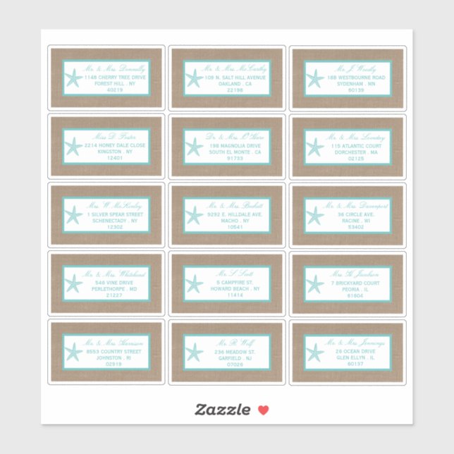 Pegatina Colección Turquoise Starfish Burlap Beach Wedding (Hoja)