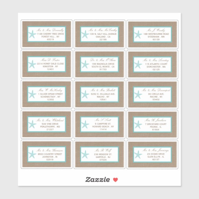 Pegatina Colección Turquoise Starfish Burlap Beach Wedding (Hoja)