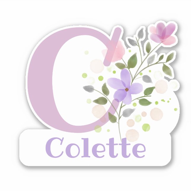 Pegatina Colette de nombres e Inicial con diseño floral (Anverso)