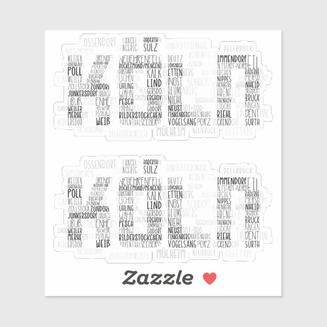 Pegatina Colonia Alemania Word Art, Stadtteile Köln (Hoja)