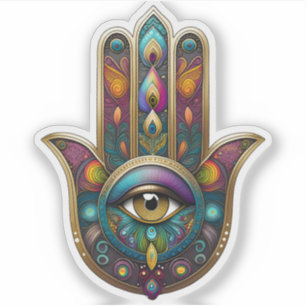 Pegatina Colores de pavo real Hamsa con tercer ojo de oro