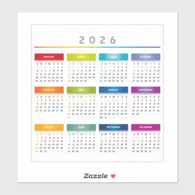 Pegatina Colorful 2026 Calendar - Rainbow Colors 3 Columns (Hoja)