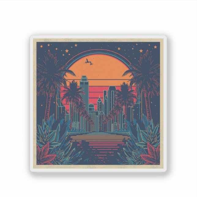 Pegatina Colorful Retro Futuristic Doodle Style Skyline (Anverso)