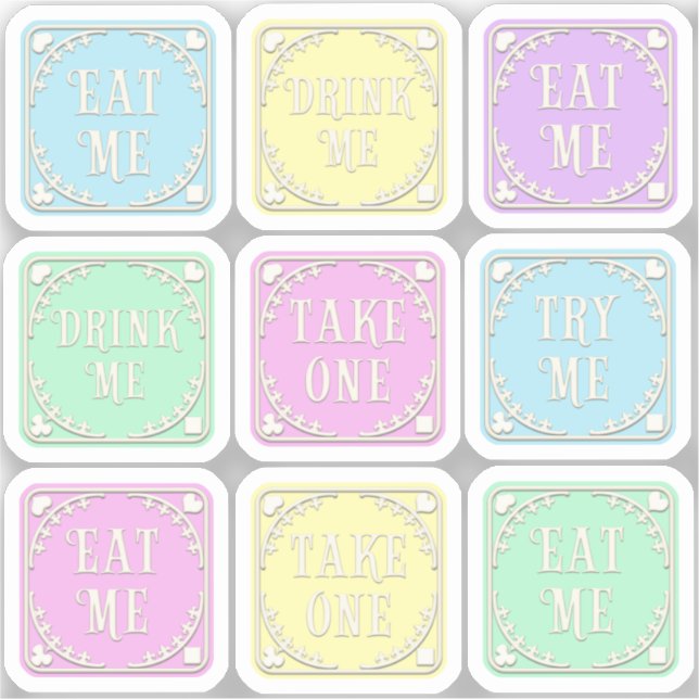 Pegatina "Come Me" "Bebe Me" Maravilla Fiesta de té Whimsic (Anverso)