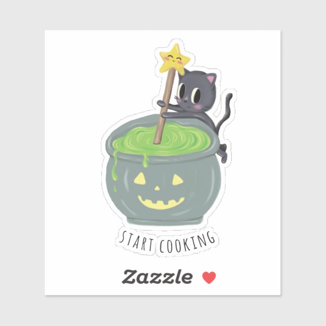 Pegatina Comenzar a cocinar Halloween personalizado de gato (Hoja)